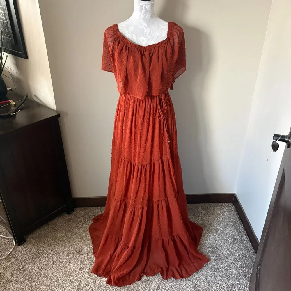 Baltic Born Swiss Dot Off The Shoulder Tiered Maxi Dress LARGE NWT - Picture 5 of 5